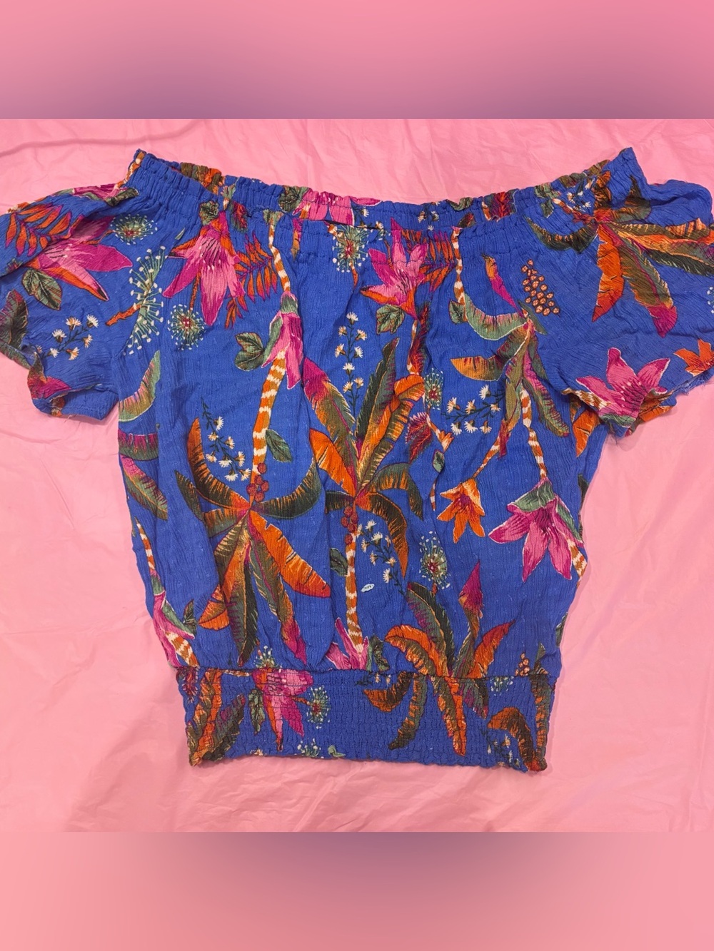 Rachel Roy Women’s Blue Floral Off-Shoulder Top Tropical Pinup Retro NWOT Sz M